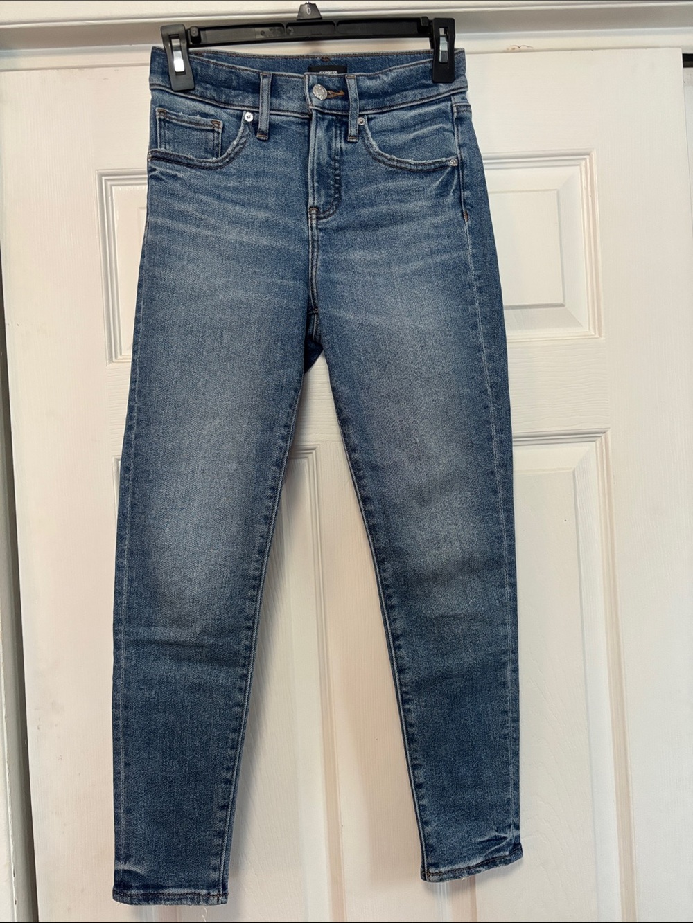 Express distressed skinny mid rise petite jeans